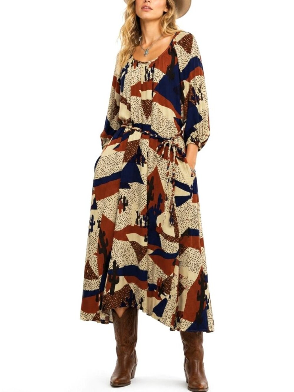 Anthropologie The Odells Geo Print Midi Dress Linen Blend Oversized Southwestern